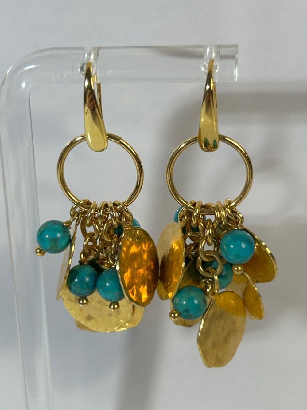 NWOT Bronzo Italia Gold Plate Hammered Disc & Turquoise Bead Dangle Earrings